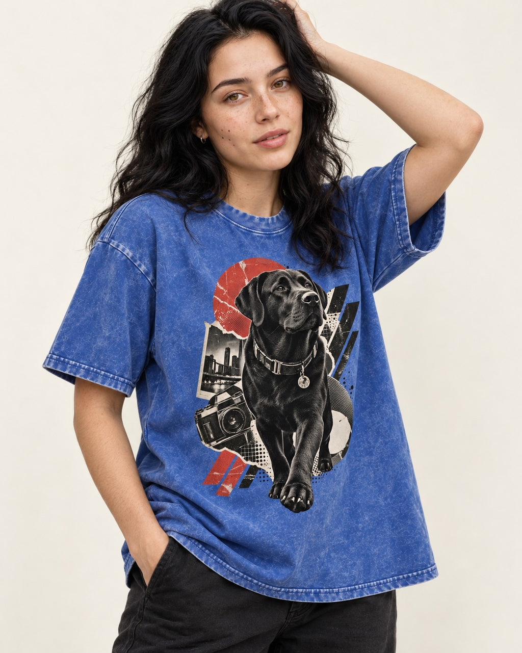Labrador Retriever Camera City Halftone Collage Graphic Washed Tee in Royal Blue, worn by a model