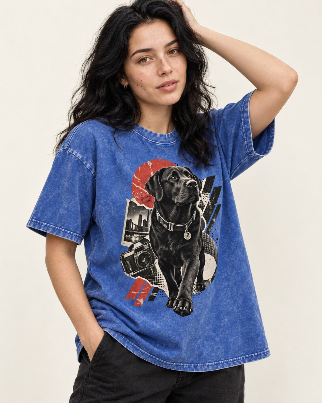 Labrador Retriever Camera City Halftone Collage Graphic Washed Tee in Royal Blue, worn by a model