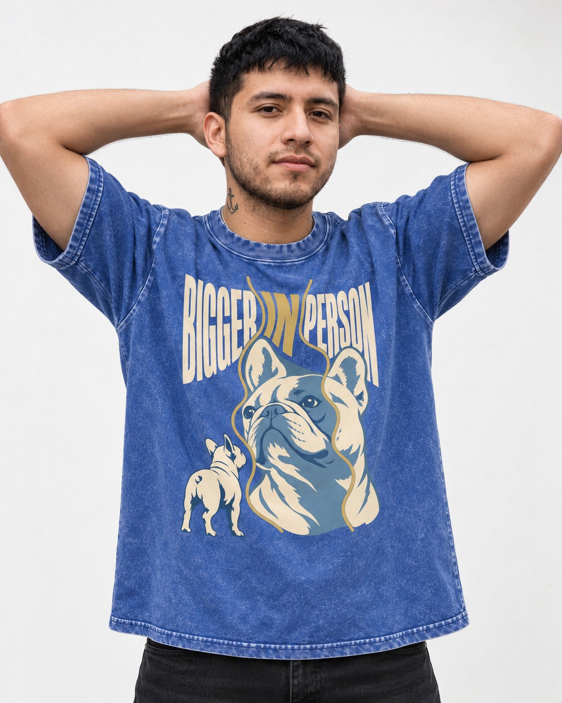 Frenchie Bigger in Person Mirror Graphic Washed Tee in Royal Blue, worn by a model