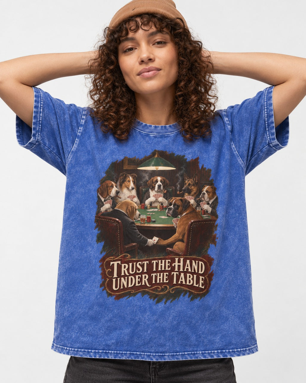 Trust the Hand Under the Table Boxer Poker Graphic Washed Tee in Royal Blue, worn by a model