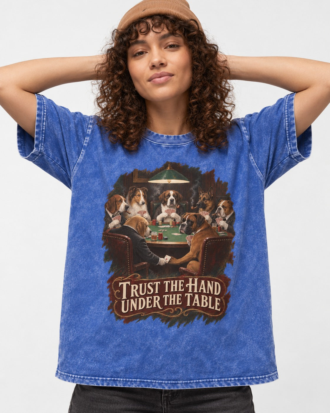 Trust the Hand Under the Table Boxer Poker Graphic Washed Tee in Royal Blue, worn by a model