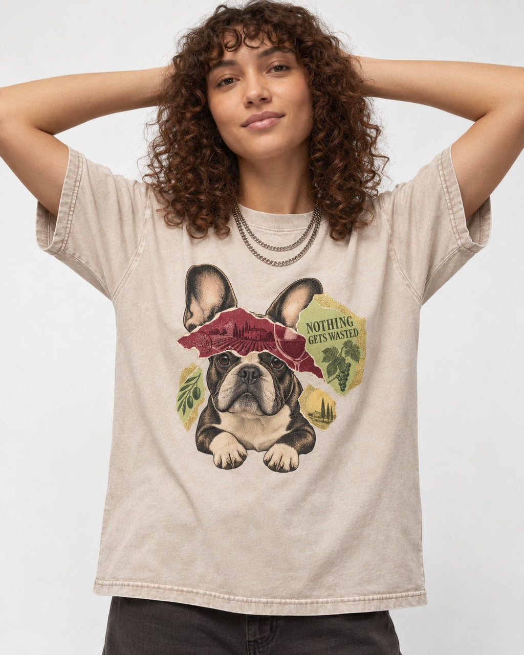 Nothing Gets Wasted with Frenchie Washed Tee in Apricot, worn by a model