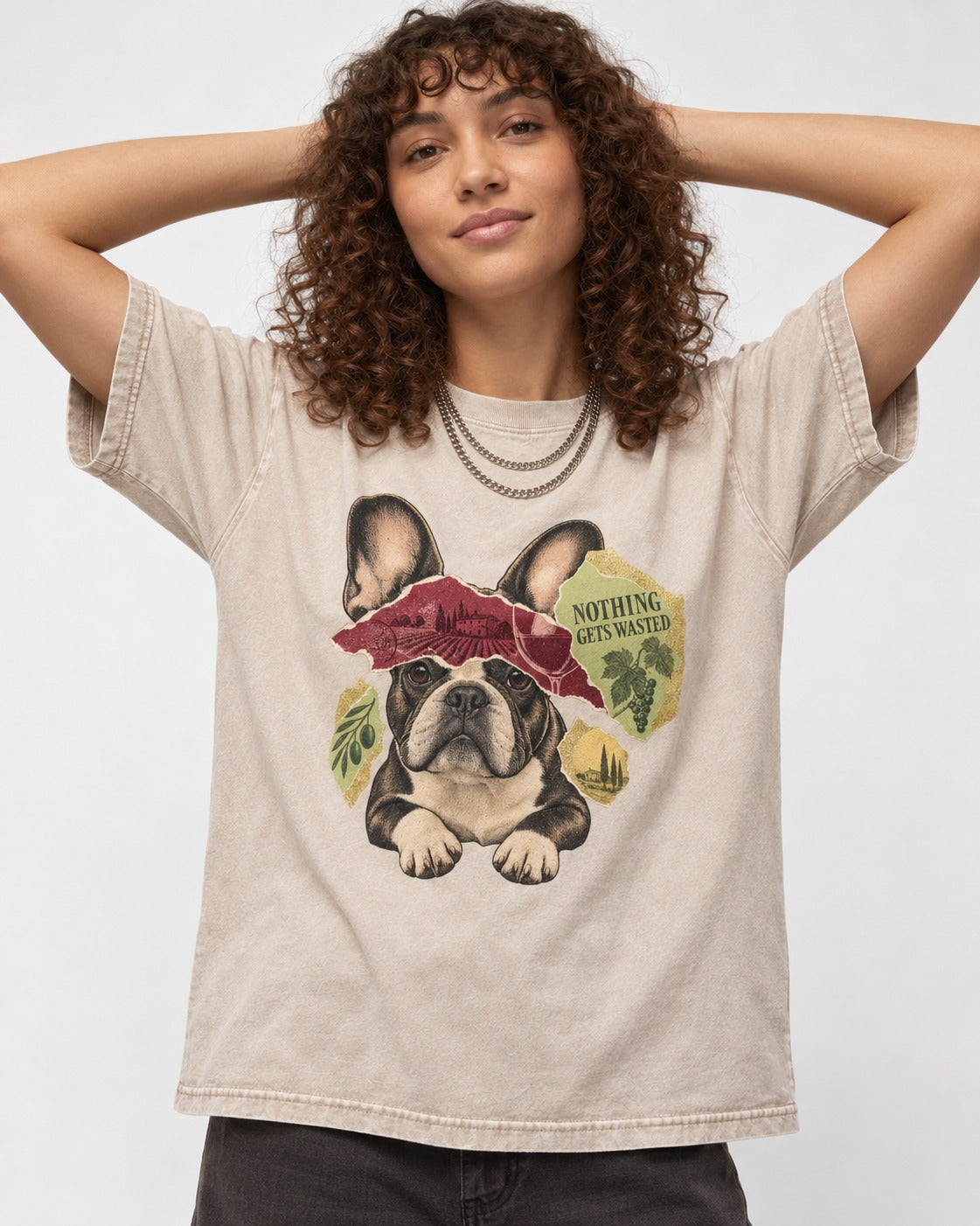 Nothing Gets Wasted with Frenchie Washed Tee in Apricot, worn by a model