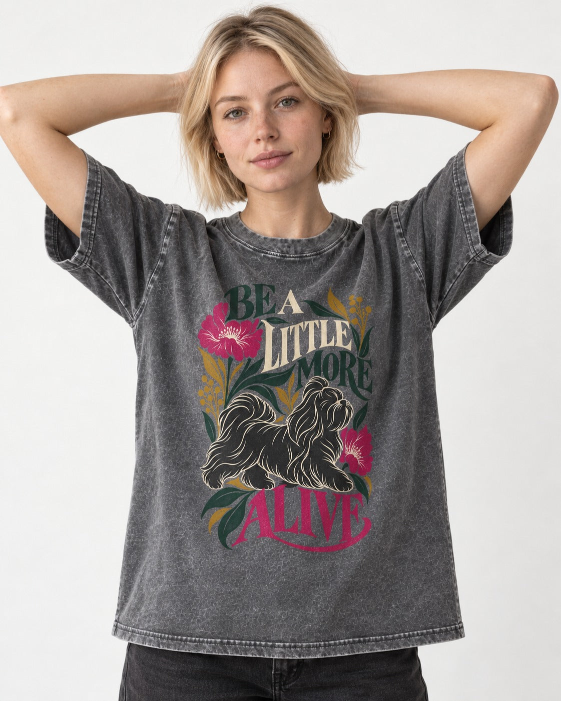 Shih Tzu Be a Little More Alive Botanical Graphic Washed Tee in Gray, worn by a model