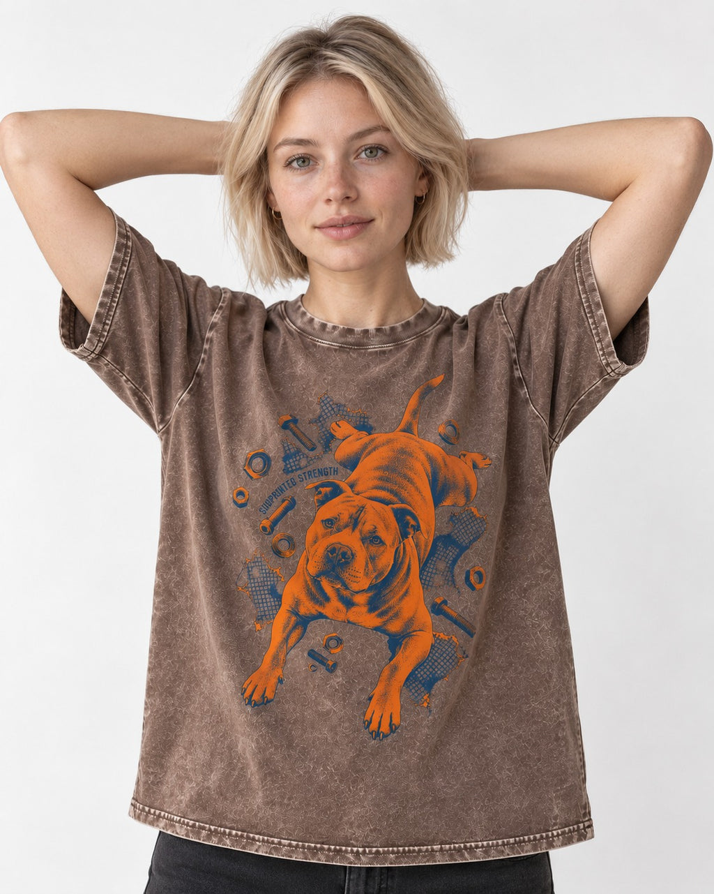 Pitbull Strength Washed Tee in Coffee, worn by a model