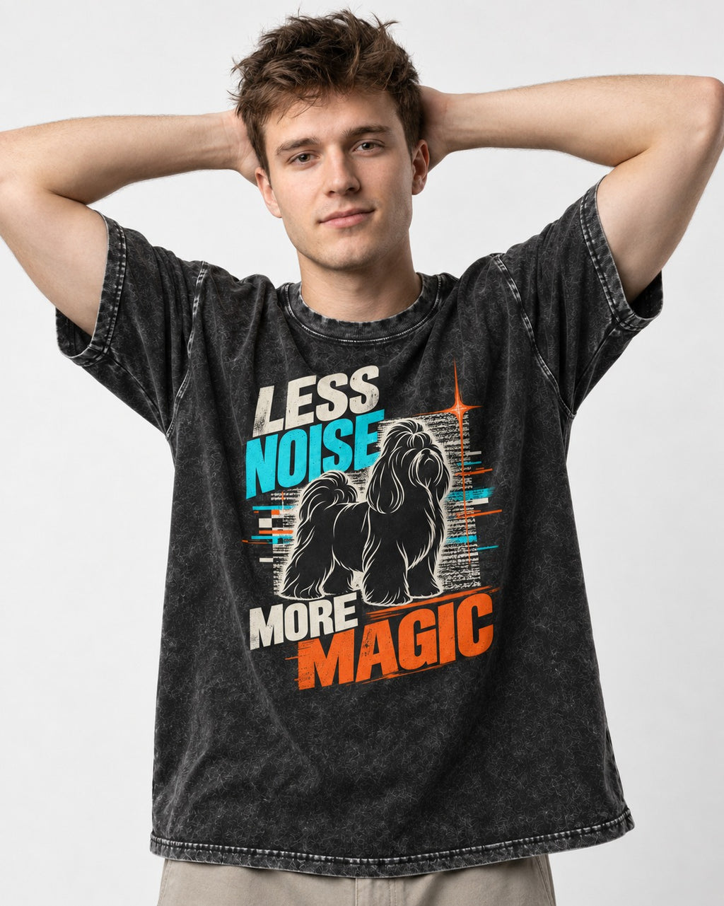 Shih Tzu Less Noise More Magic Pop Art Graphic Washed Tee in Black, worn by a model