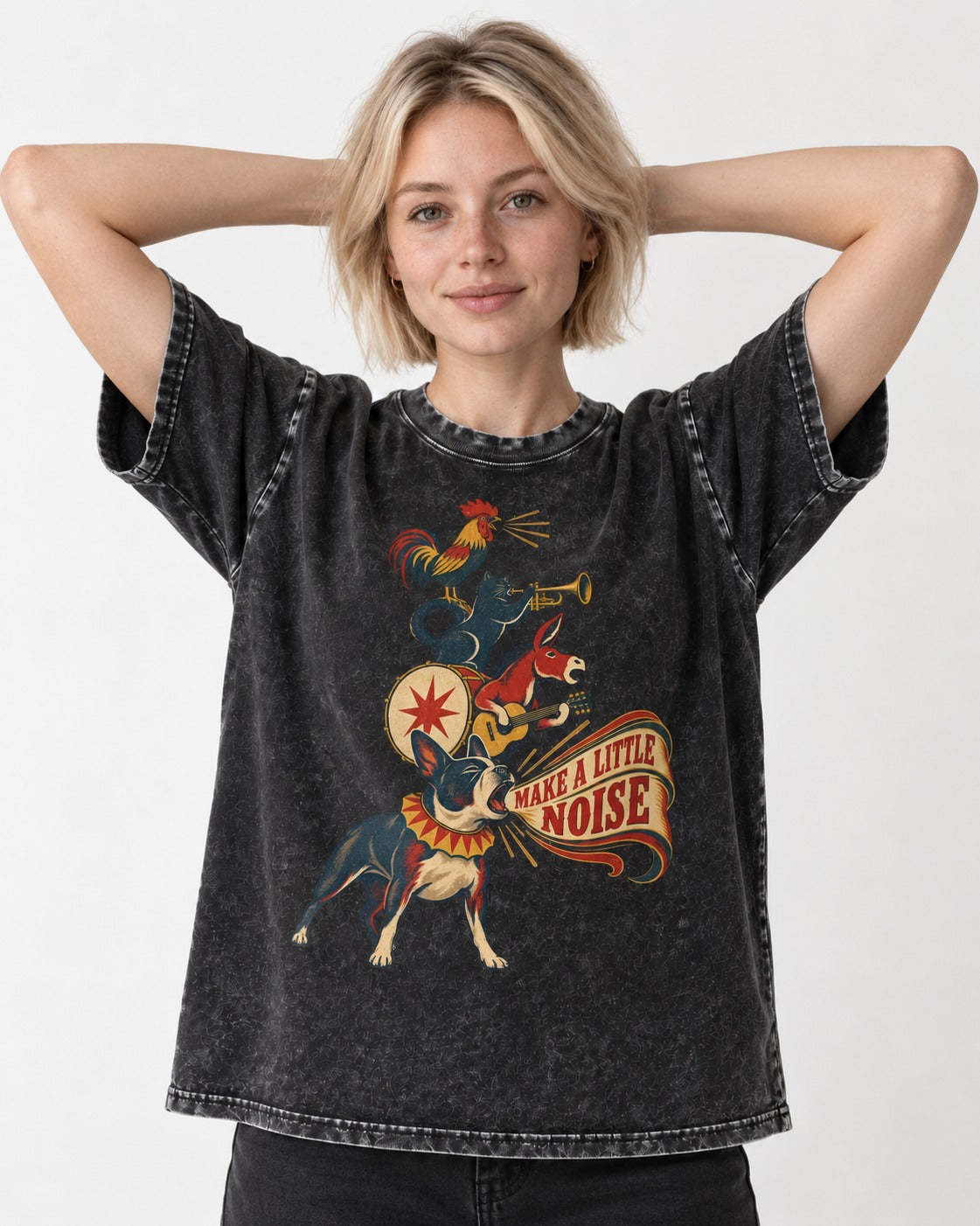 Boston Terrier Make A Little Noise Washed Tee in Black, worn by a model
