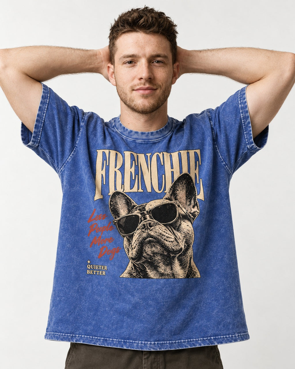 Frenchie Less People More Dogs Sunglasses Graphic Washed Tee in Royal Blue, worn by a model