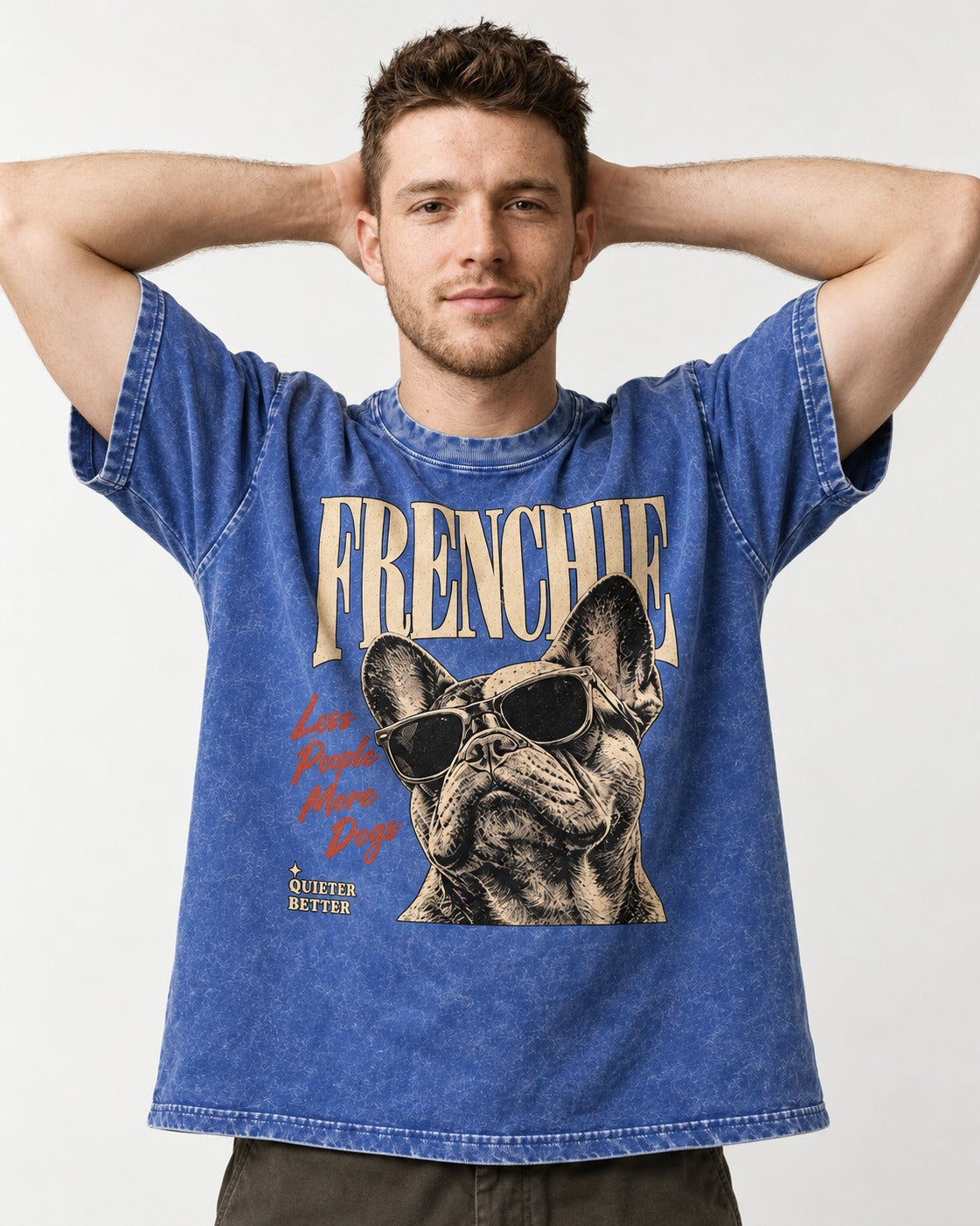 Frenchie Less People More Dogs Sunglasses Graphic Washed Tee in Royal Blue, worn by a model