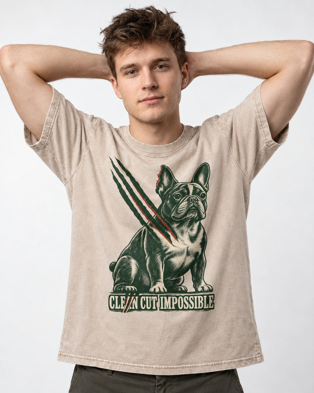 Frenchie Clean Cut Impossible Washed Tee in Apricot, worn by a model