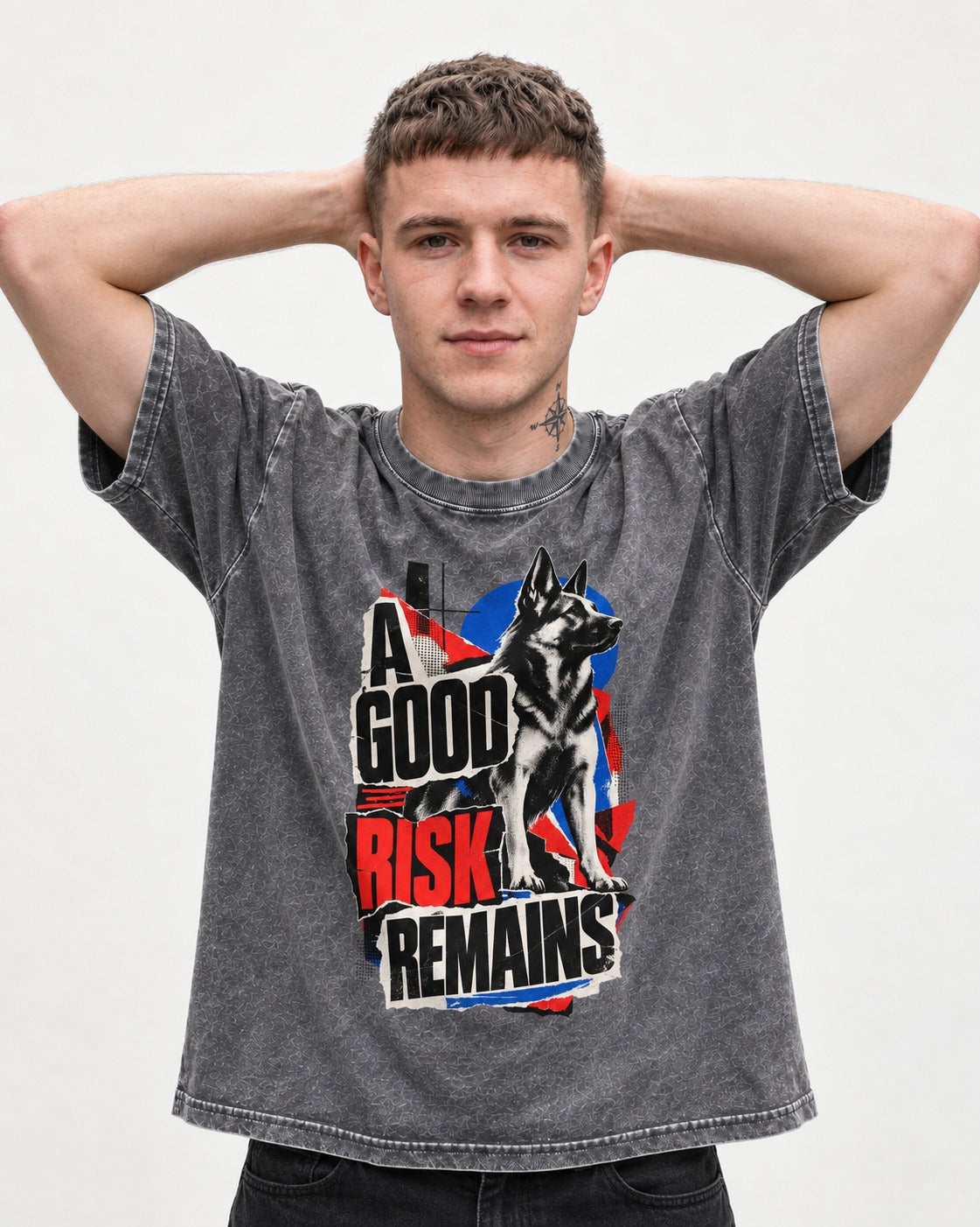 A Good Risk Remains German Shepherd Dog Washed Tee in Gray, worn by a model