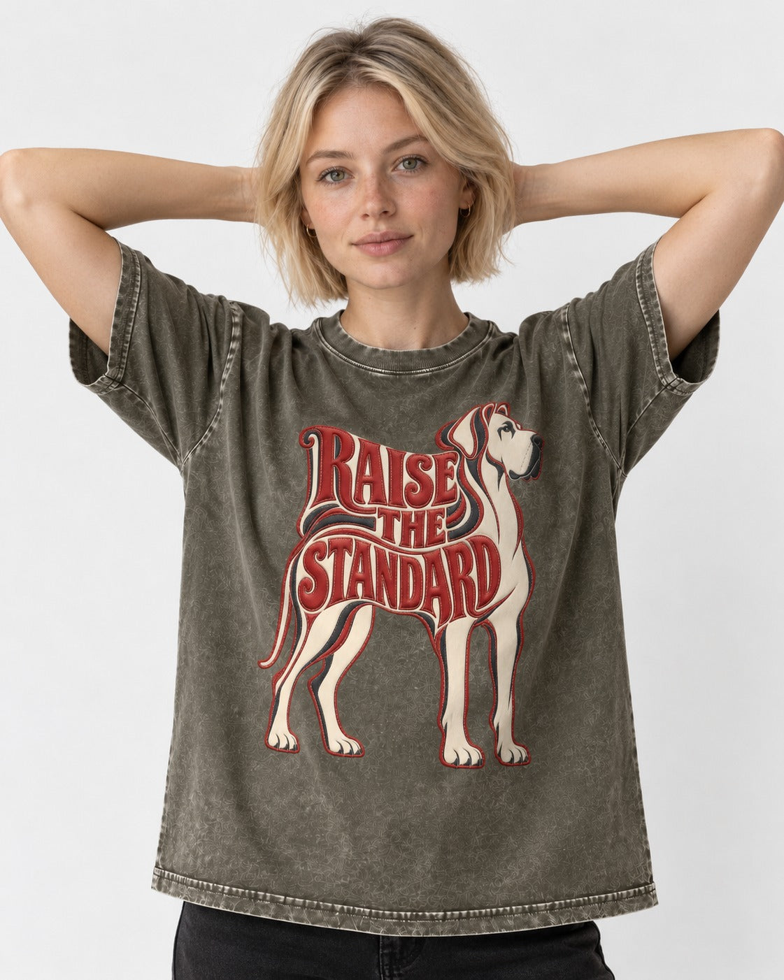 Great Dane Raise the Standard Typography Graphic Washed Tee in Army Green, worn by a model