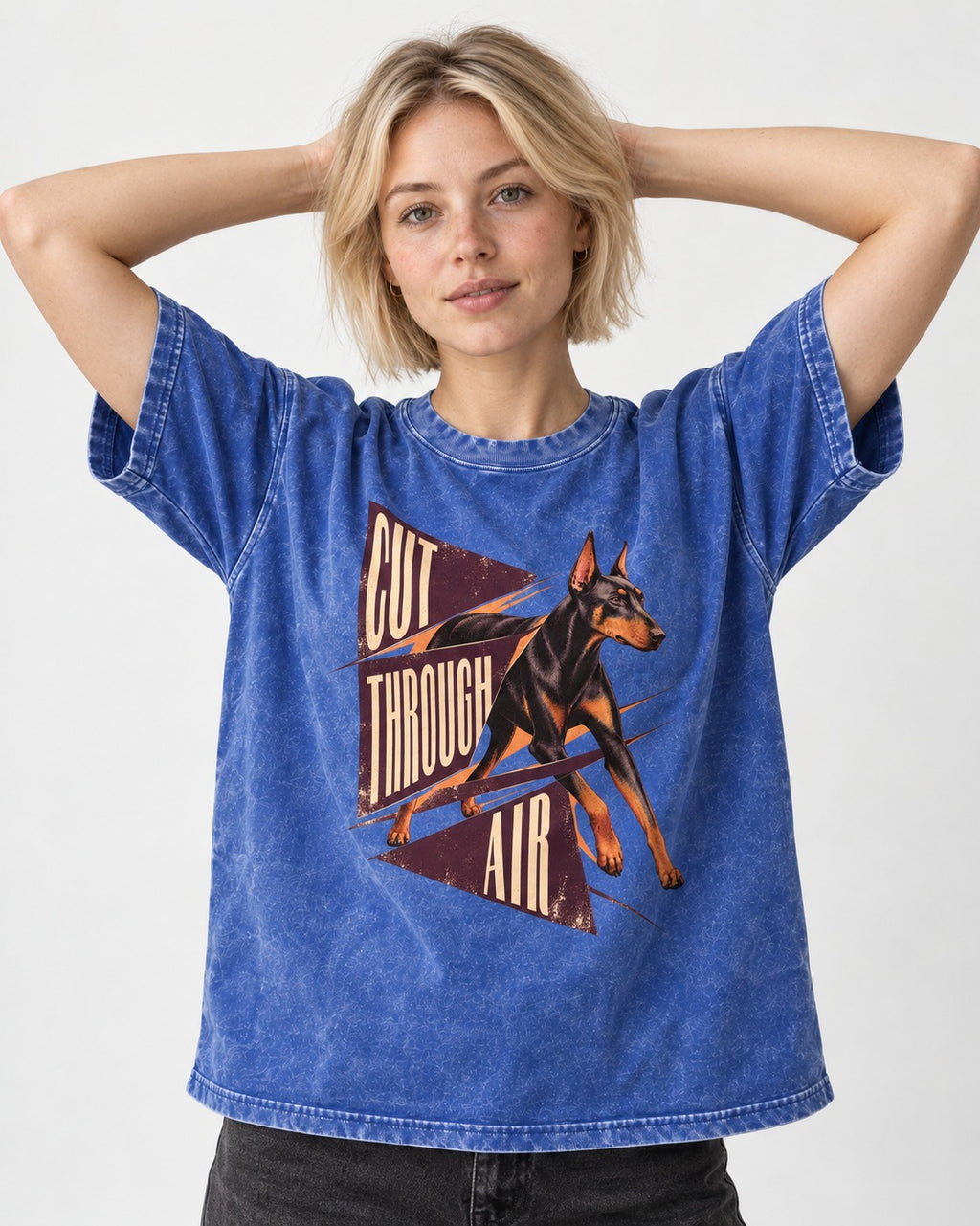 Doberman Cut Through Air Graphic Washed Tee in Royal Blue, worn by a model