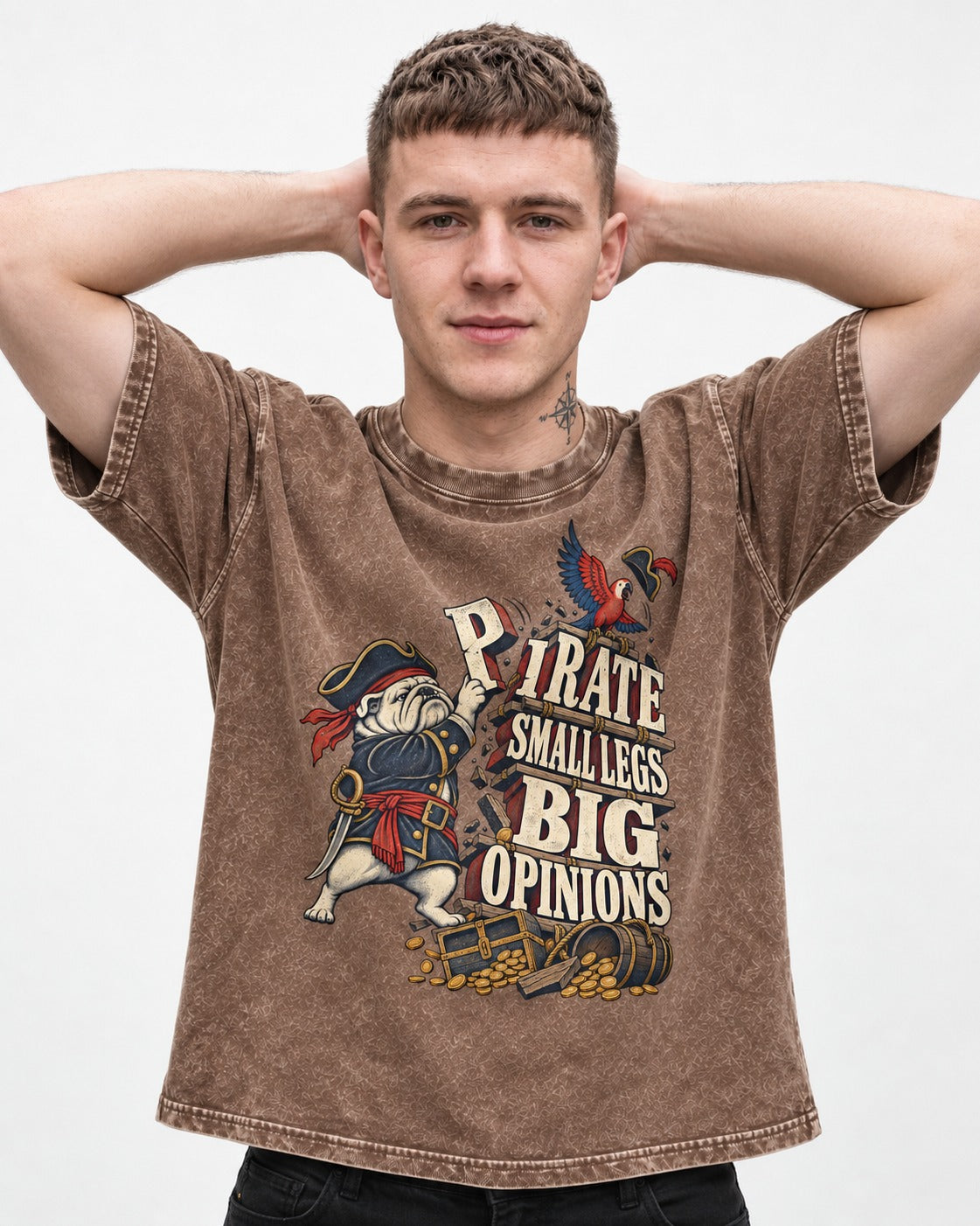 Pirate English Bulldog Big Opinions Washed Tee in Coffee, worn by a model