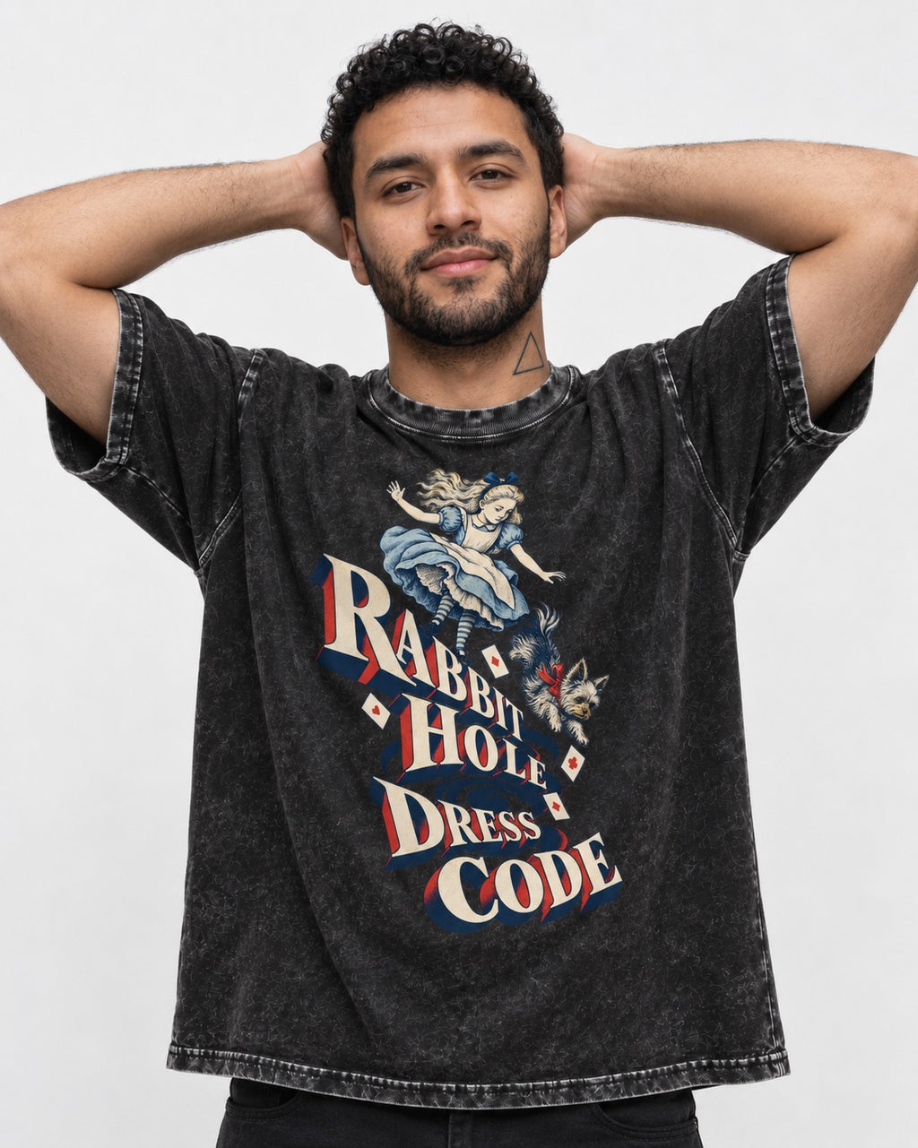 Yorkshire Terrier Rabbit Hole Dress Code Wonderland Graphic Washed Tee in Black, worn by a model