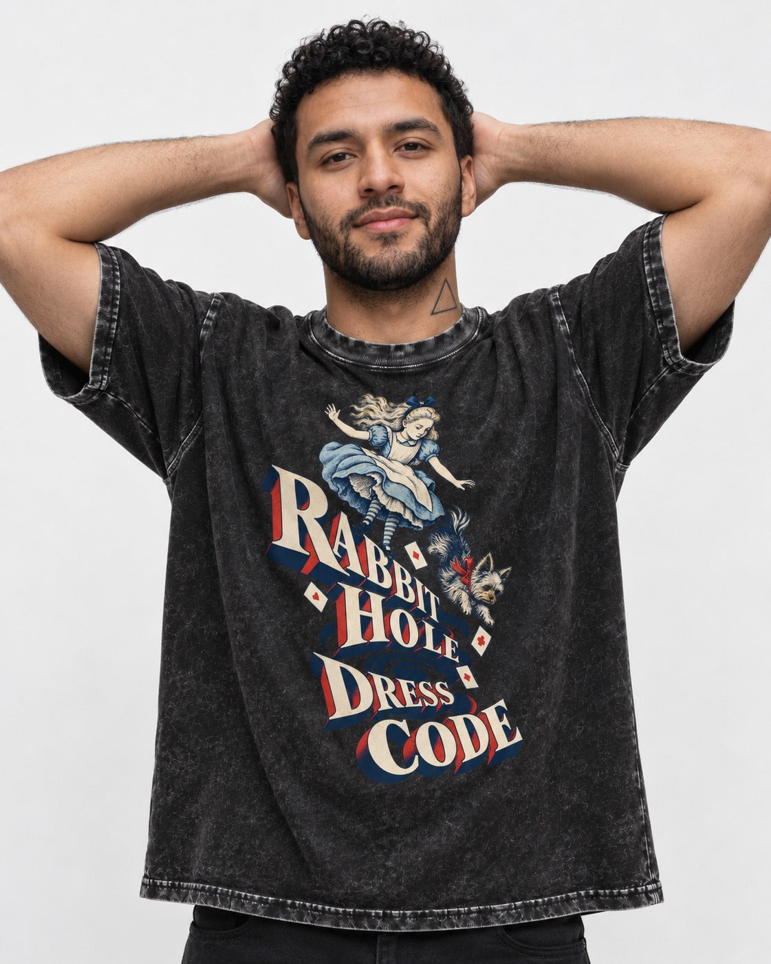 Yorkshire Terrier Rabbit Hole Dress Code Wonderland Graphic Washed Tee in Black, worn by a model