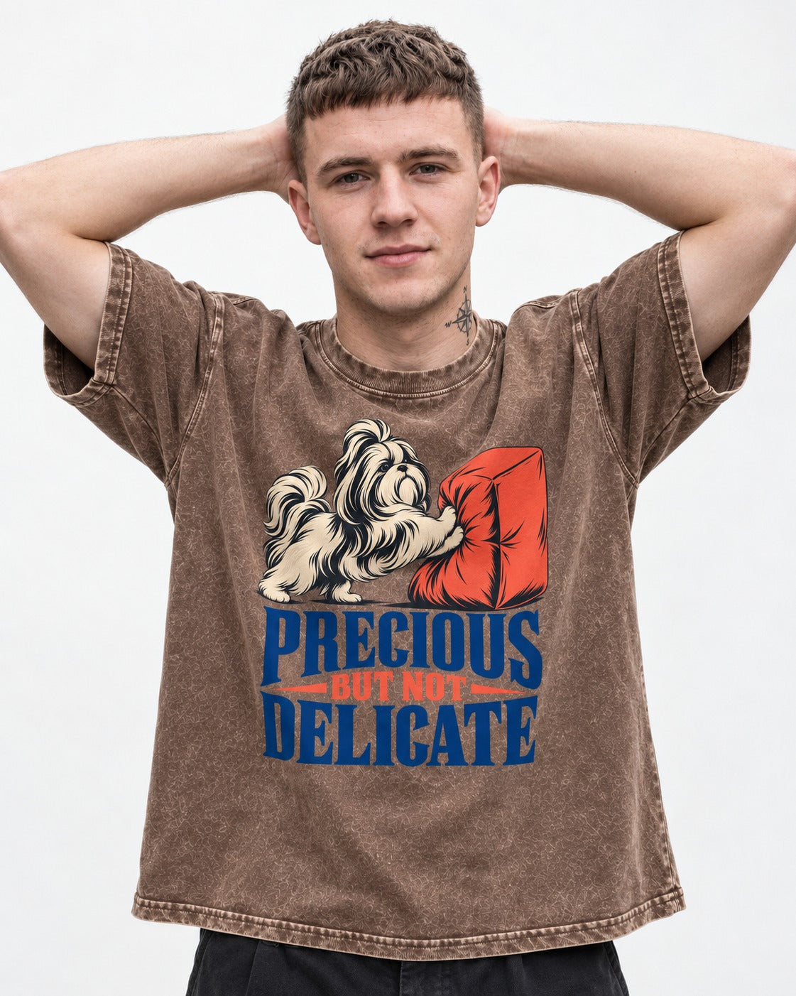 Precious but Not Delicate Shih Tzu Washed Tee in Coffee, worn by a model
