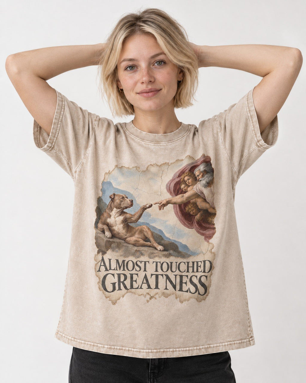 Pitbull Almost Touched Greatness Creation Parody Graphic Washed Tee in Apricot, worn by a model