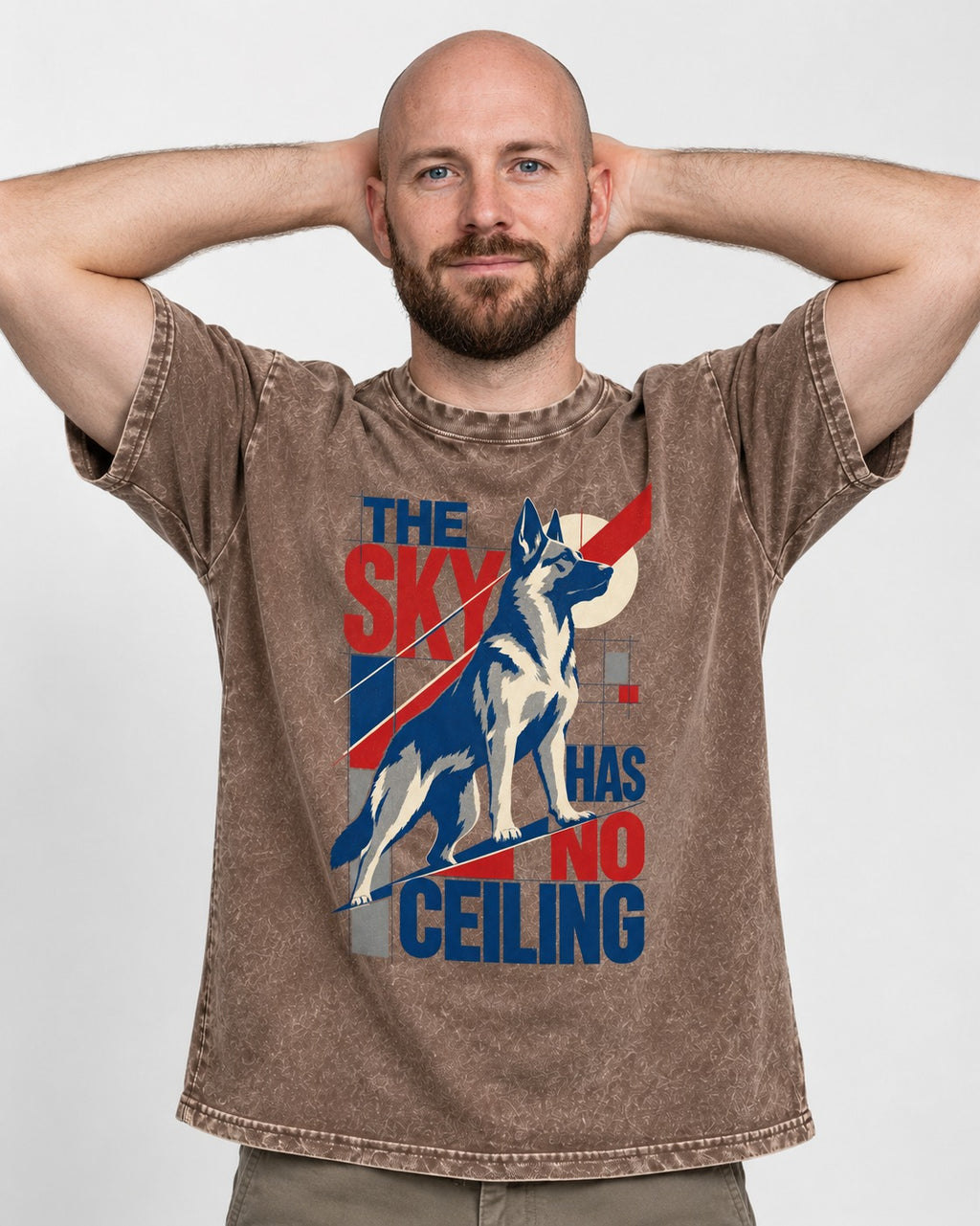 Sky Has No Ceiling German Shepherd Dog Washed Tee in Coffee, worn by a model