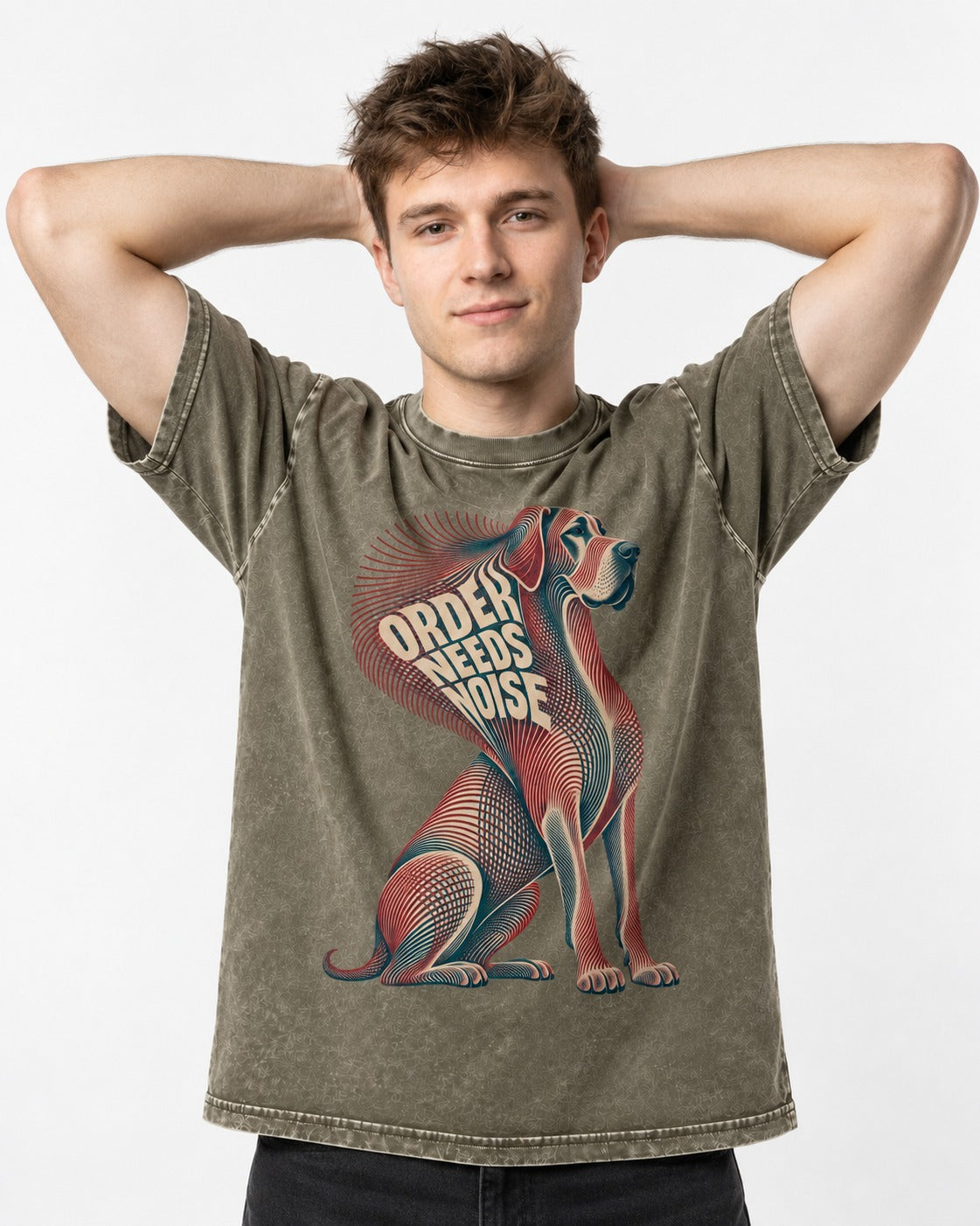Great Dane Order Needs Noise Optical Line Graphic Washed Tee in Army Green, worn by a model