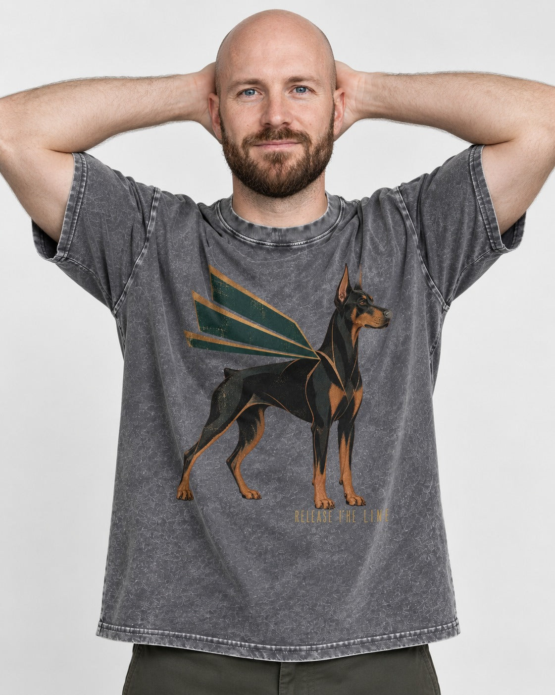 Release the Doberman Line Washed Tee in Gray, worn by a model