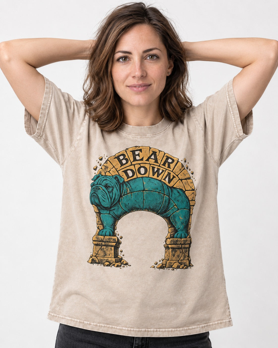 English Bulldog Bear Down Stone Arch Graphic Washed Tee in Apricot, worn by a model