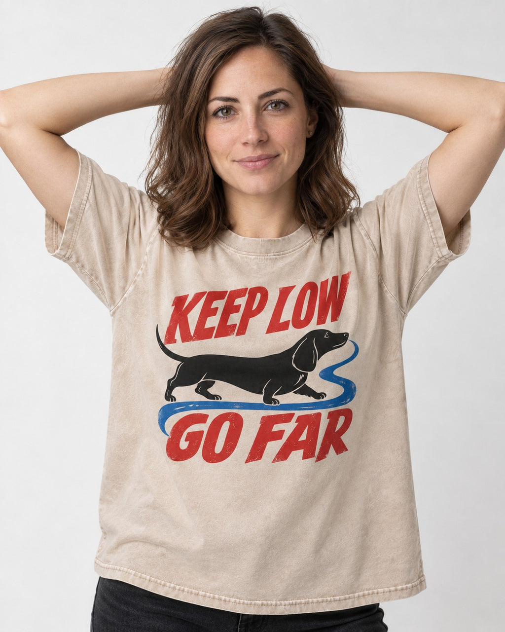Keep Low Go Far Dachshund Washed Tee in Apricot, worn by a model