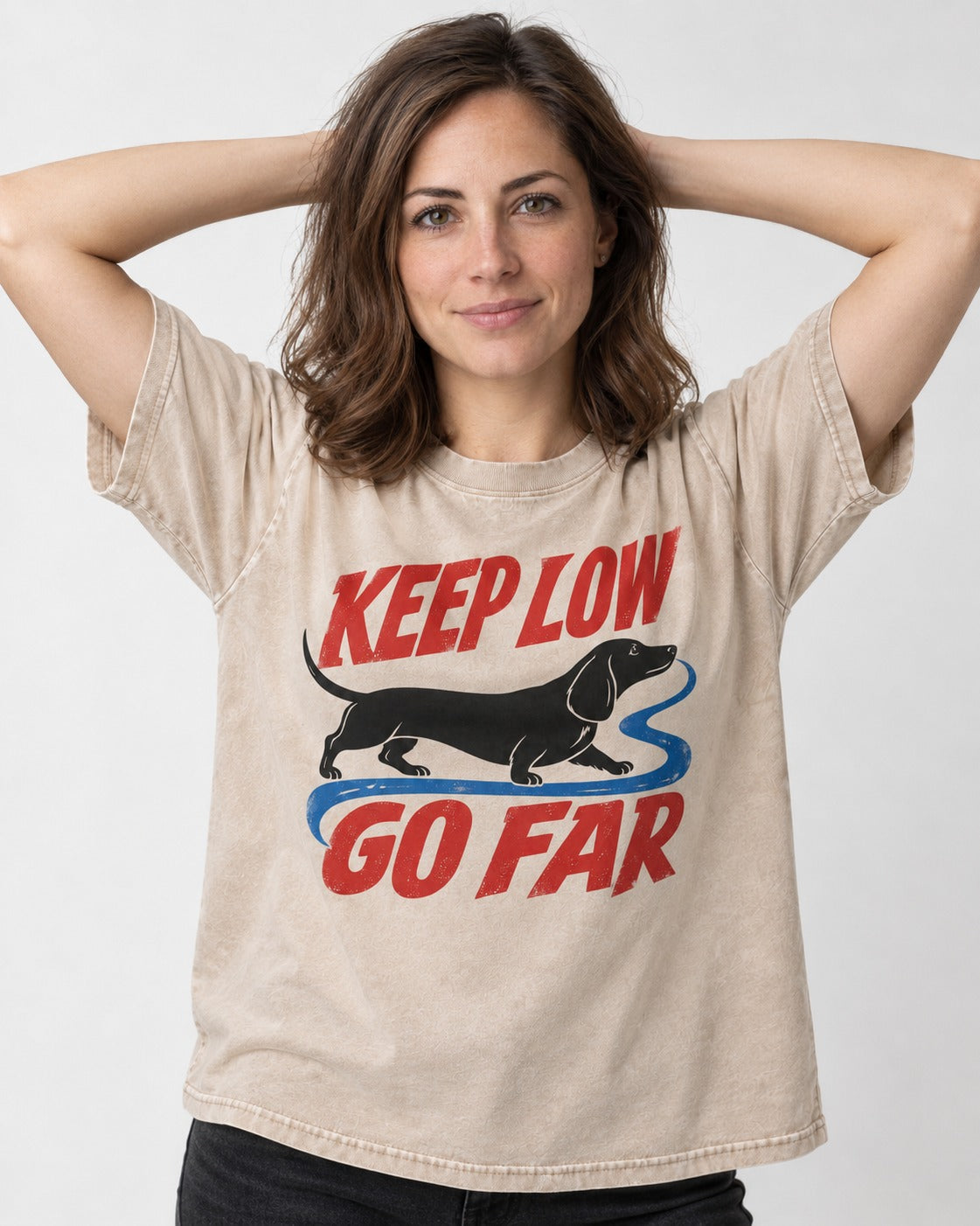 Keep Low Go Far Dachshund Washed Tee in Apricot, worn by a model