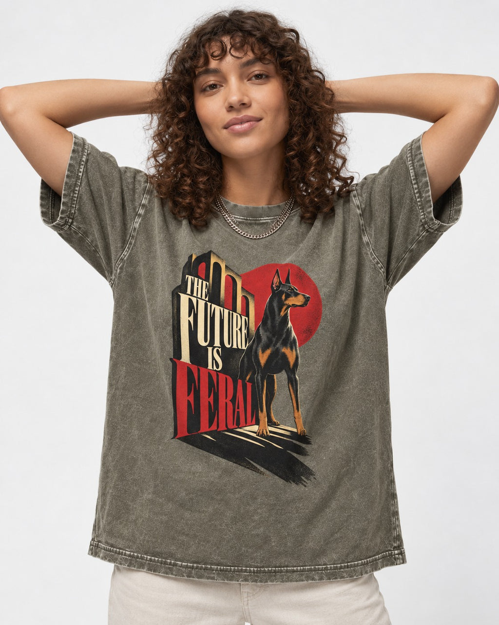 Doberman The Future Is Feral Art Deco Graphic Washed Tee in Army Green, worn by a model