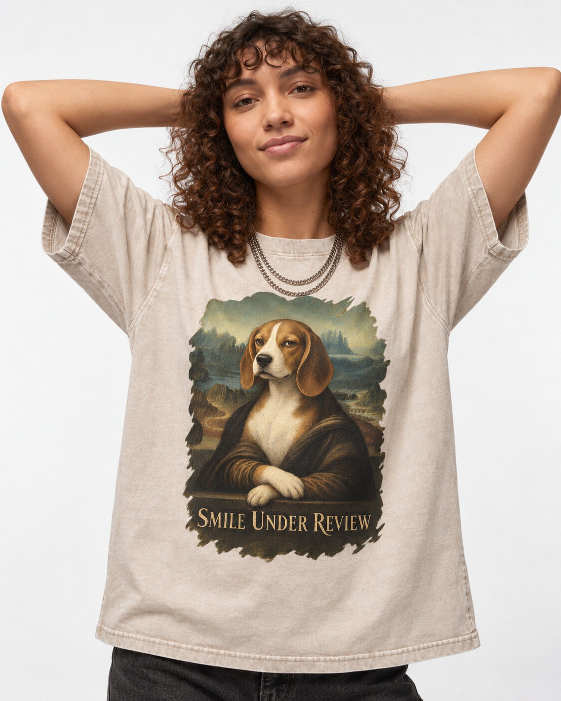 Smile Under Review Beagle Portrait Washed Tee in Apricot, worn by a model