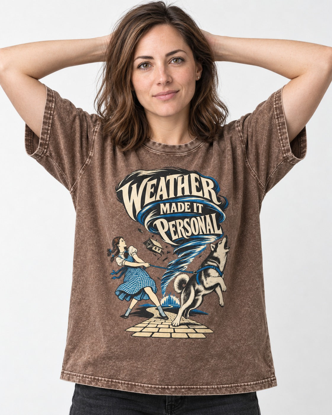 Husky Weather Made It Personal Washed Tee in Coffee, worn by a model
