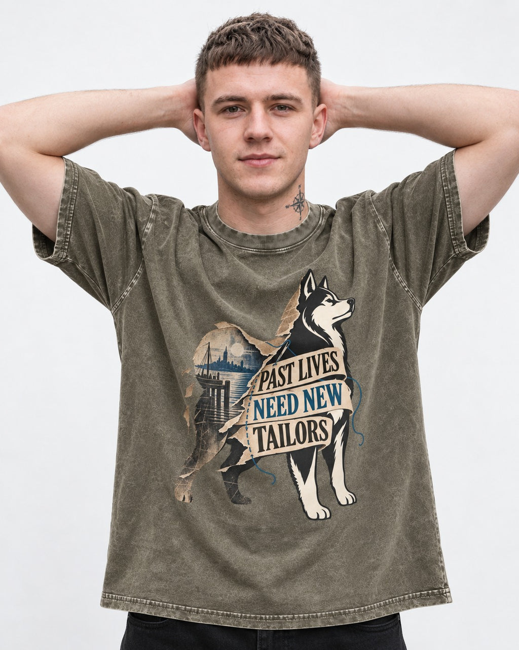 Husky Past Lives Need New Tailors Split Identity Graphic Washed Tee in Army Green, worn by a model