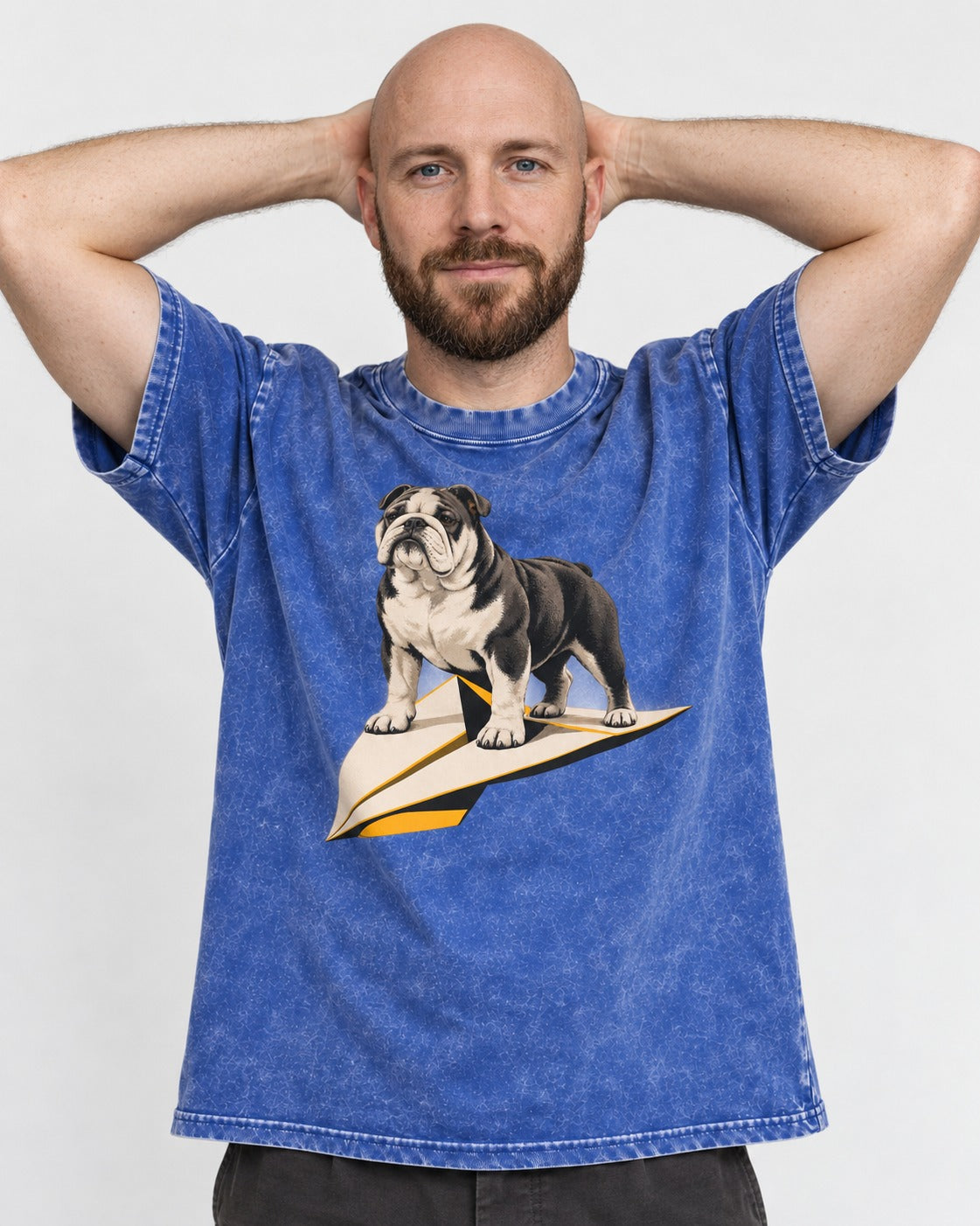 English Bulldog Paper Airplane Graphic Washed Tee in Royal Blue, worn by a model