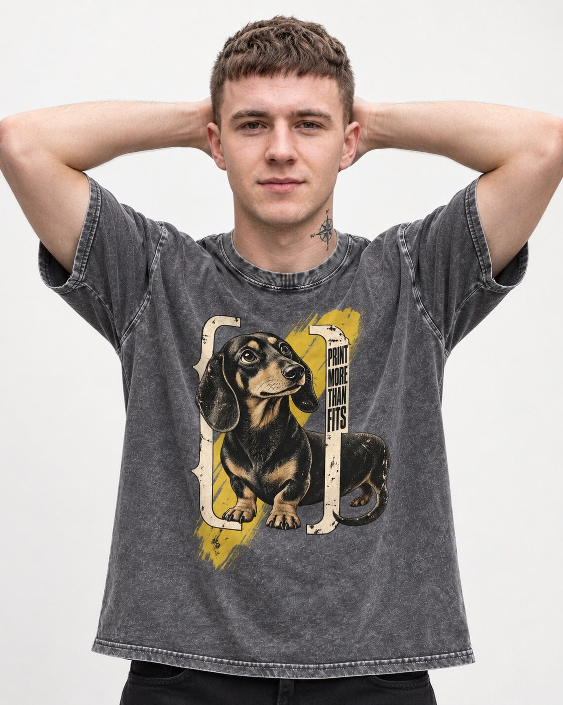 Dachshund More Than Fits Washed Tee in Gray, worn by a model