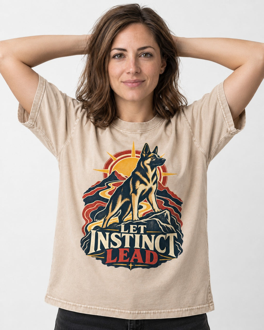 Let Instinct Lead Sunrise German Shepherd Dog Graphic Washed Tee in Apricot, worn by a model