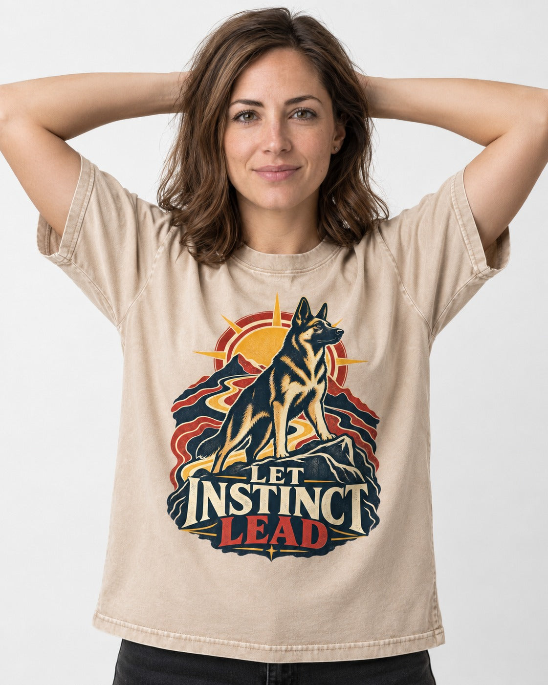 Let Instinct Lead Sunrise German Shepherd Dog Graphic Washed Tee in Apricot, worn by a model