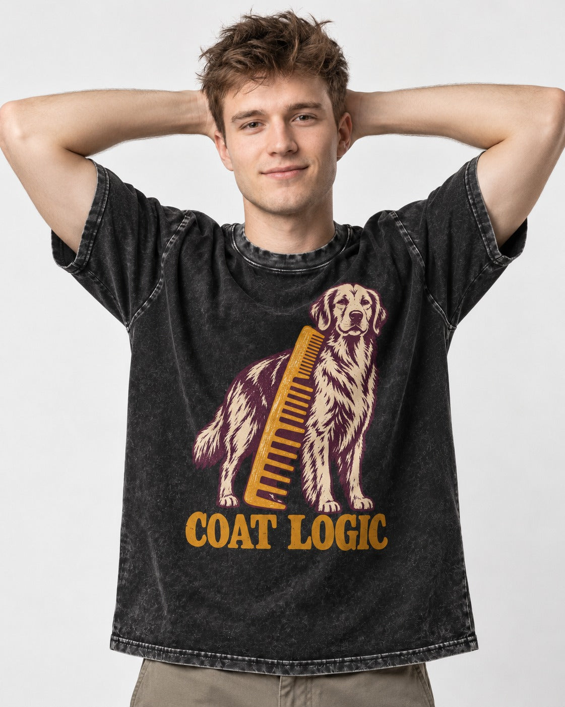 Golden Retriever Coat Logic Grooming Gauge Graphic Washed Tee in Black, worn by a model