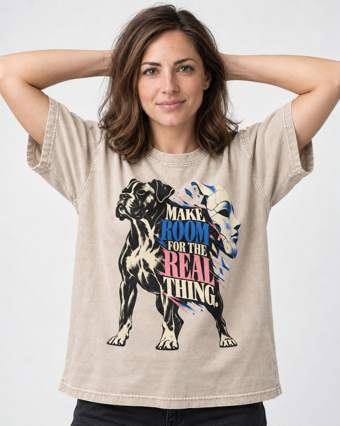Make Room for the Real Thing Boxer Broken Mask Graphic Washed Tee in Apricot, worn by a model