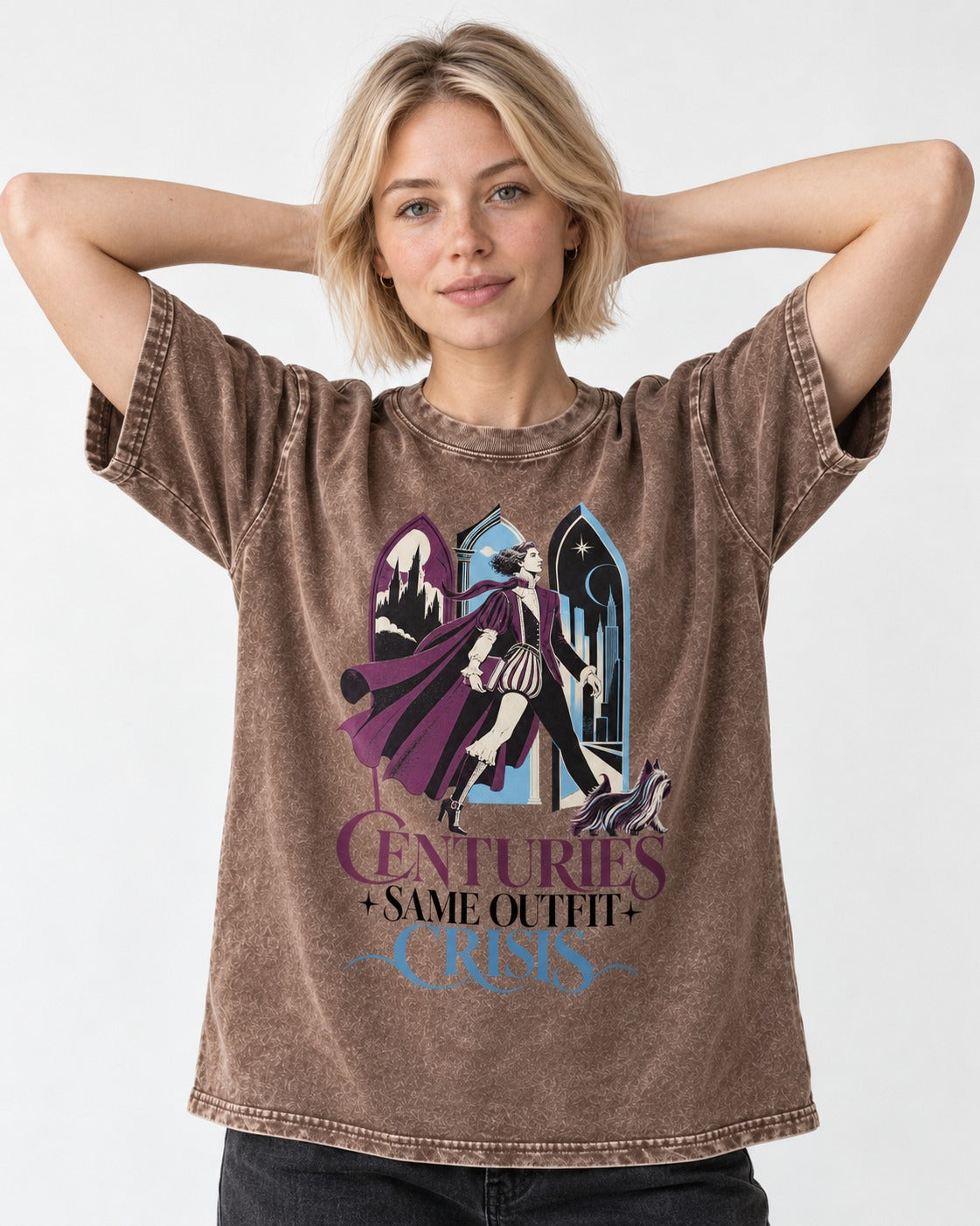 Yorkshire Terrier Centuries Same Outfit Crisis Gothic Graphic Washed Tee in Coffee, worn by a model
