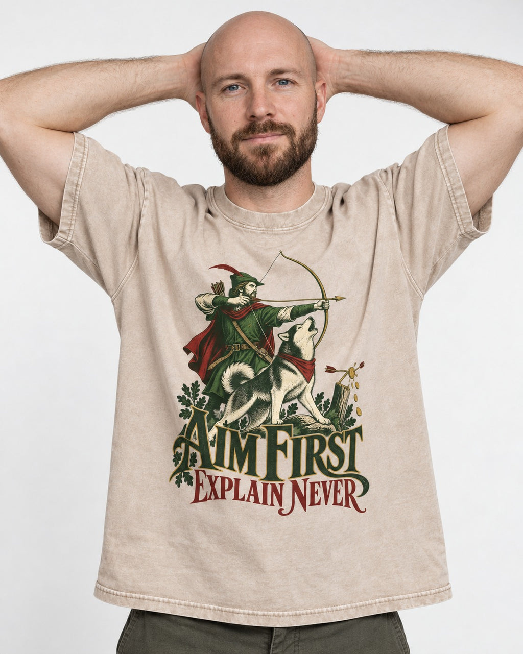 Husky Aim First Explain Never Washed Tee in Apricot, worn by a model
