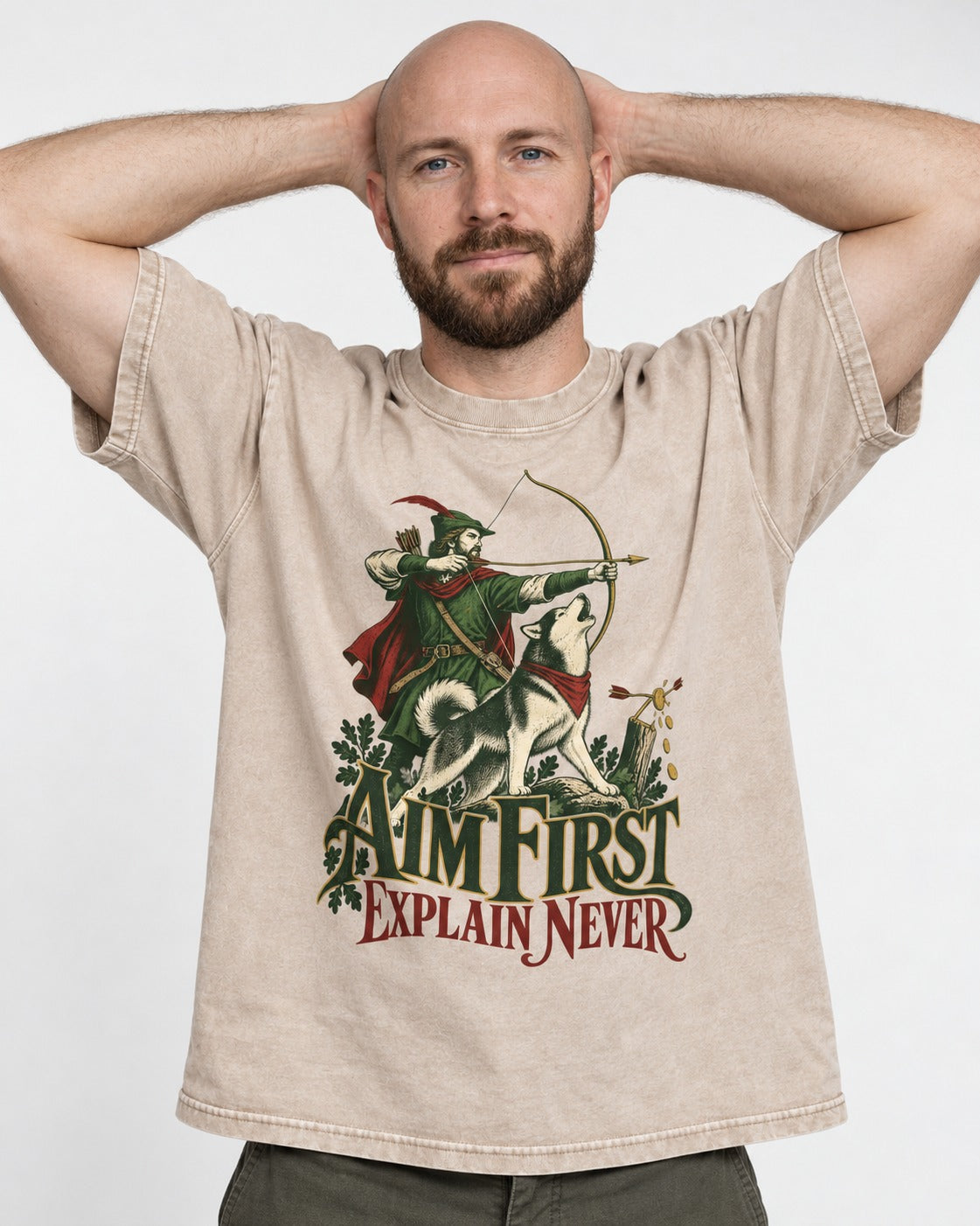 Husky Aim First Explain Never Washed Tee in Apricot, worn by a model