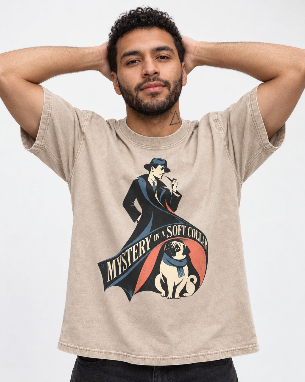 Pug Soft Collar Mystery Washed Tee in Apricot, worn by a model