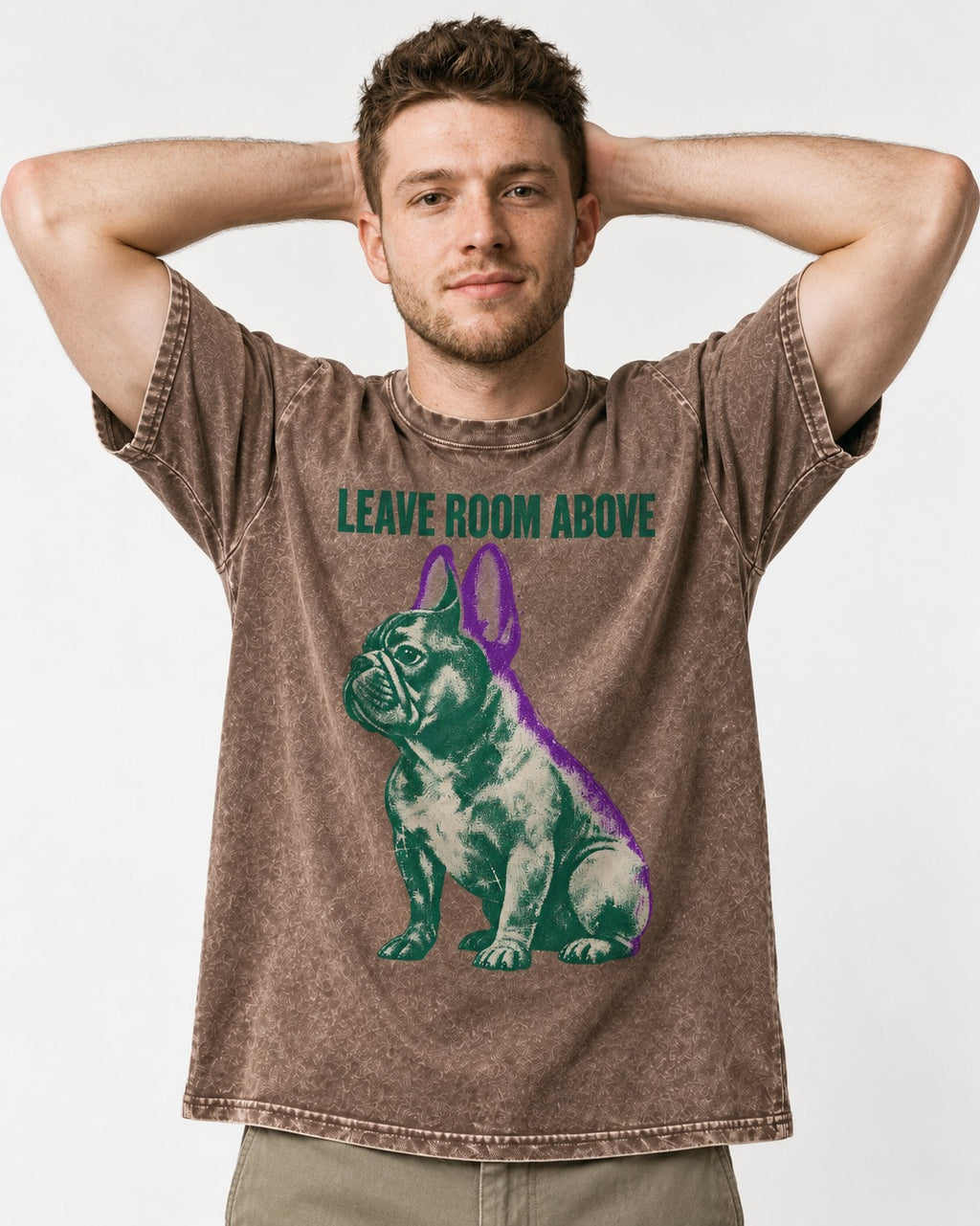 Leave Room Above Frenchie Washed Tee in Coffee, worn by a model
