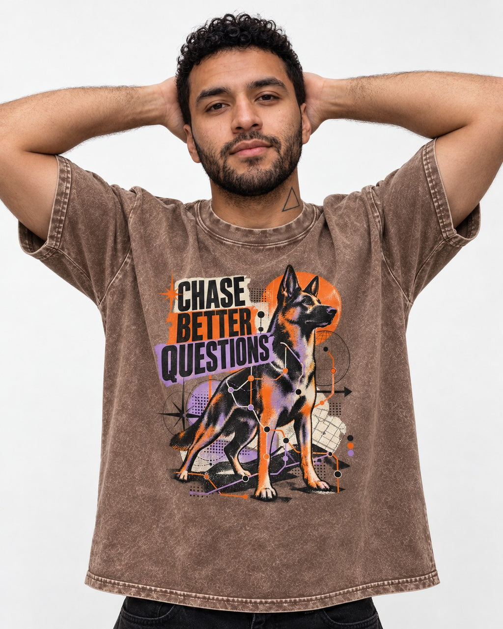 Chase Better Questions German Shepherd Dog Washed Tee in Coffee, worn by a model