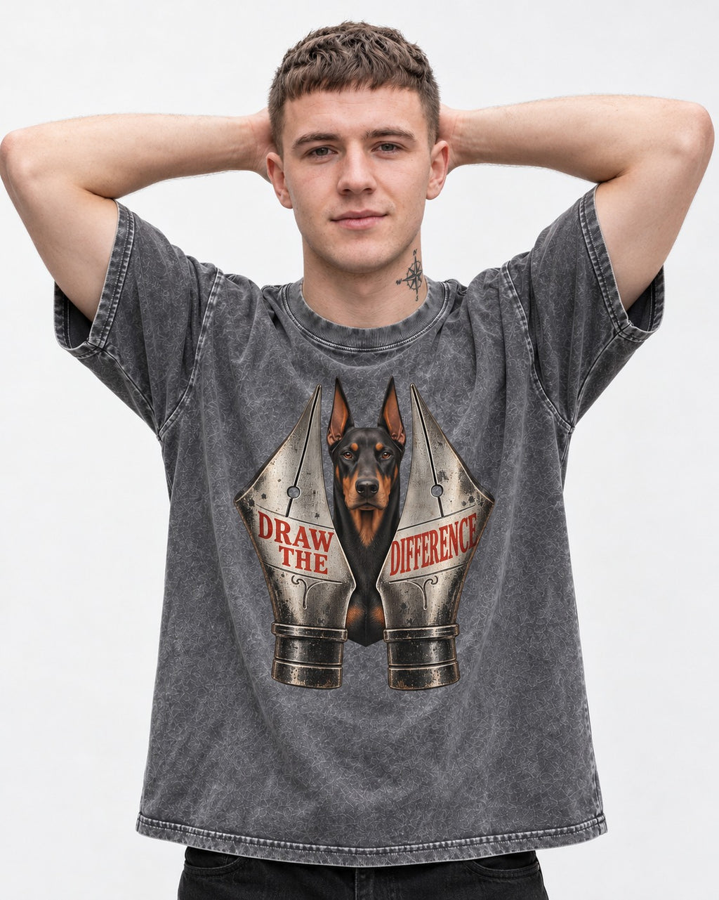 Doberman Draw the Difference Washed Tee in Gray, worn by a model