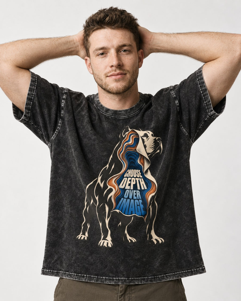 Pitbull Choose Depth Over Image Layered Cutaway Graphic Washed Tee in Black, worn by a model