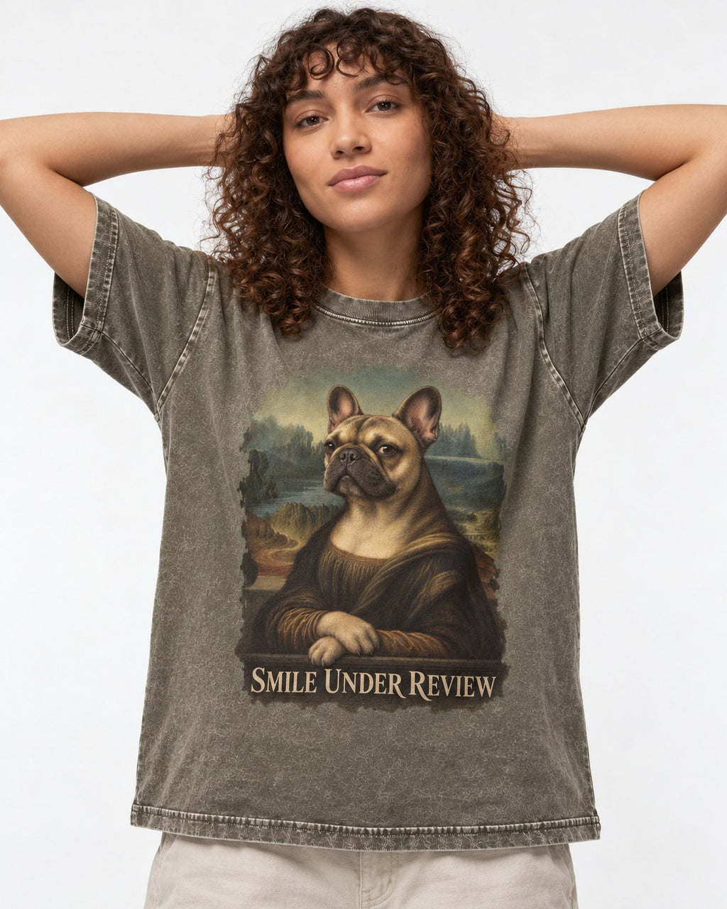 Frenchie Smile Under Review Renaissance Portrait Washed Tee in Army Green, worn by a model