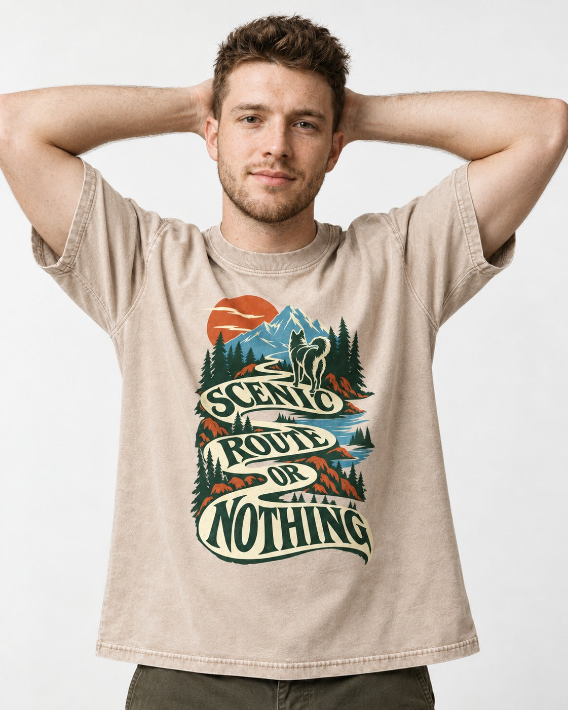 Husky Scenic Route or Nothing Washed Tee in Apricot, worn by a model