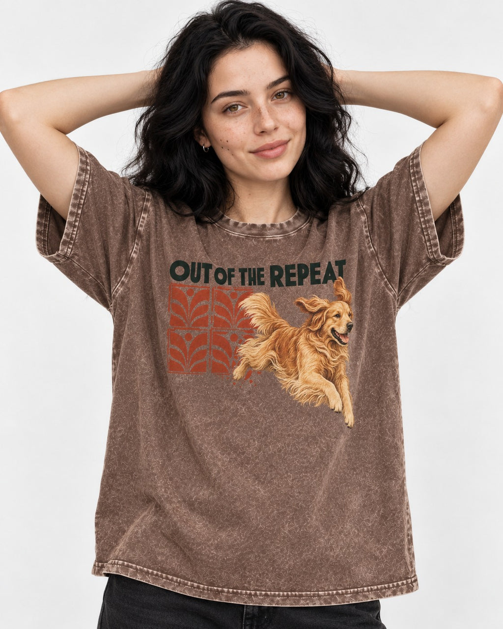 Golden Retriever Out of the Repeat Washed Tee in Coffee, worn by a model