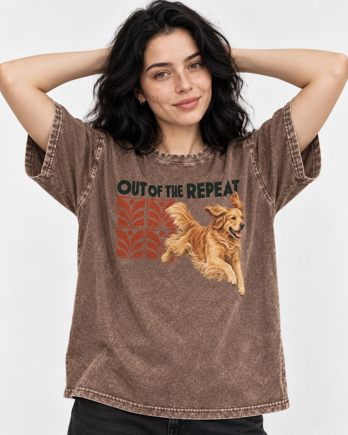 Golden Retriever Out of the Repeat Washed Tee in Coffee, worn by a model